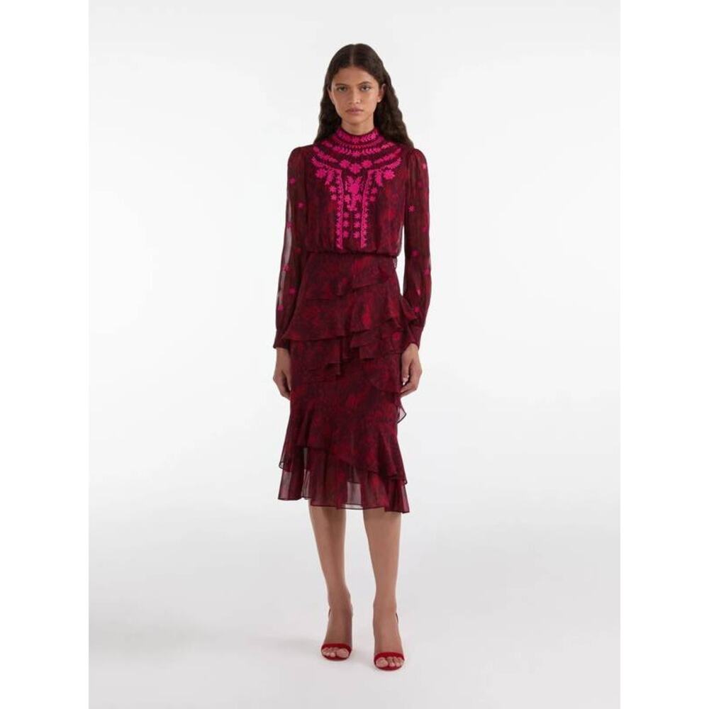 Saloni Isa Ruffle Midi Dress in Astilbe Burgundy Embroidery 6